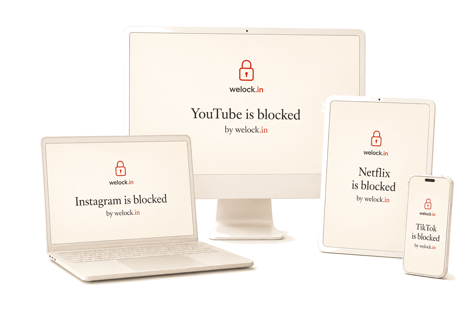 A desktop, laptop, tablet and phone each showing an app blocked by welock.in